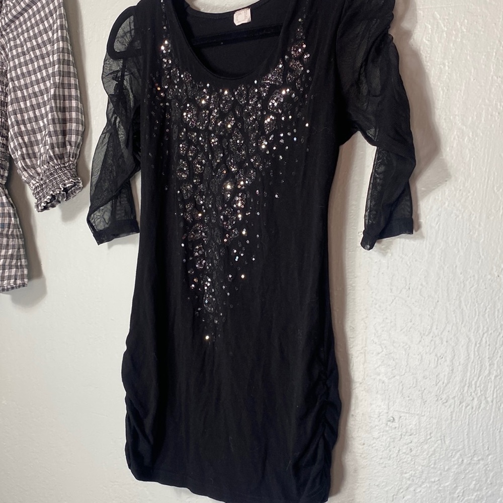 Venus xs sequin embellished top with sheer ruched sleeves